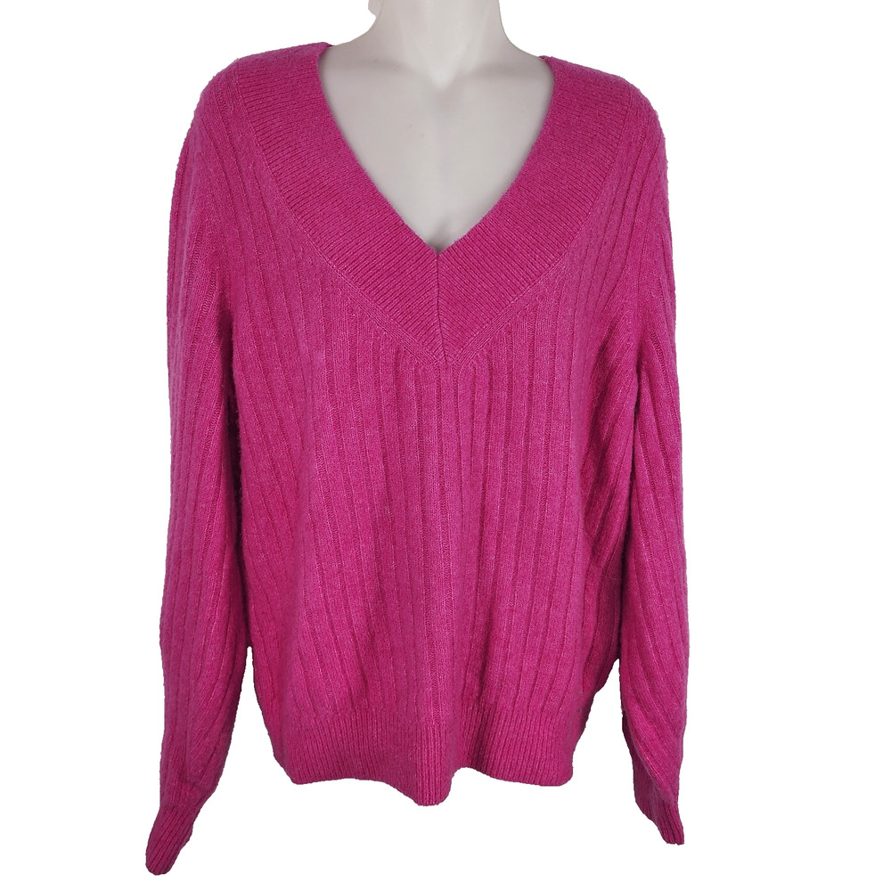 Banana Republic Womans Aire Ribbed V Neck Sweater Large Pink Wool Blend Pullover